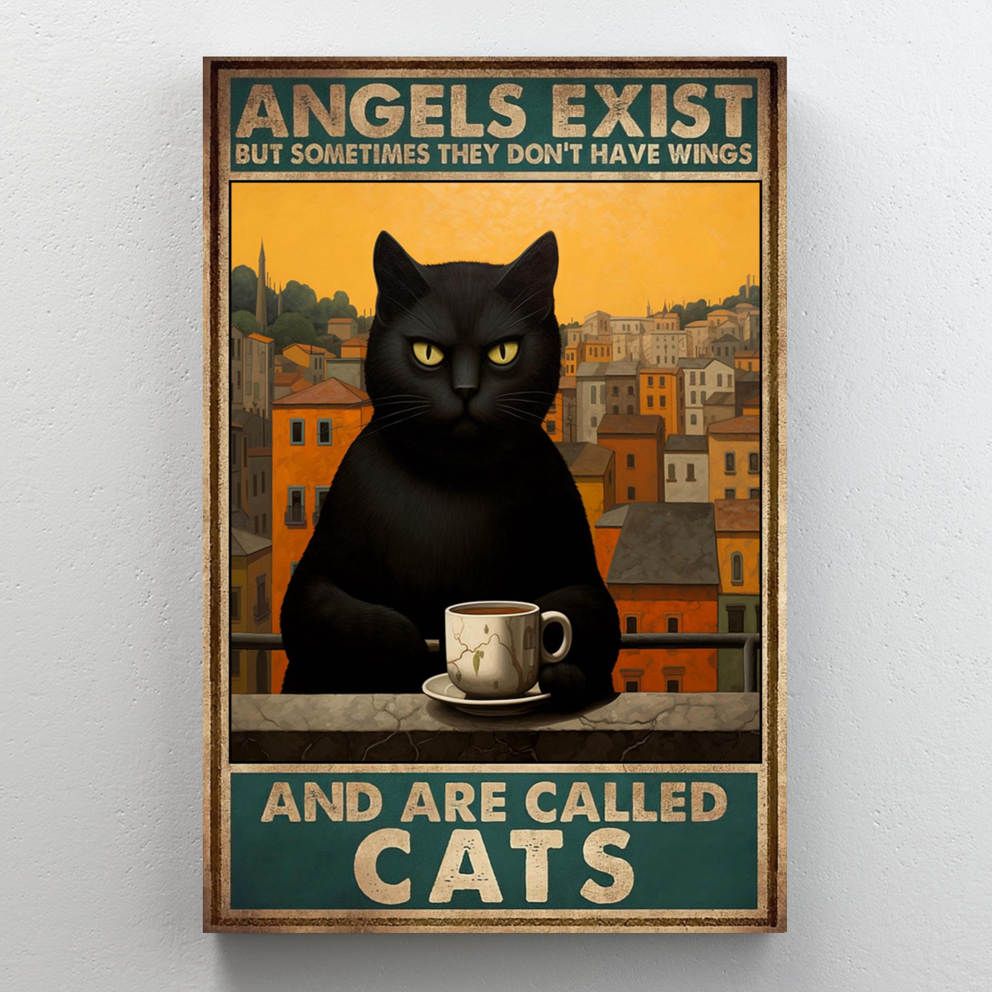 Tuxedo Cat Drink Coffee and Know Things - Wrapped Canvas Textual Art Trinx Size: 14 H x 11 W x 1.25 D