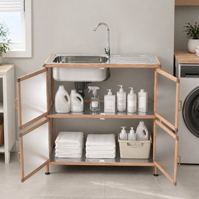 Freestanding Utility Sink with Storage Cabinet, Stainless Steel Basin, Farmhouse Woodgrain Panels, Aluminum Frame, Ventilated