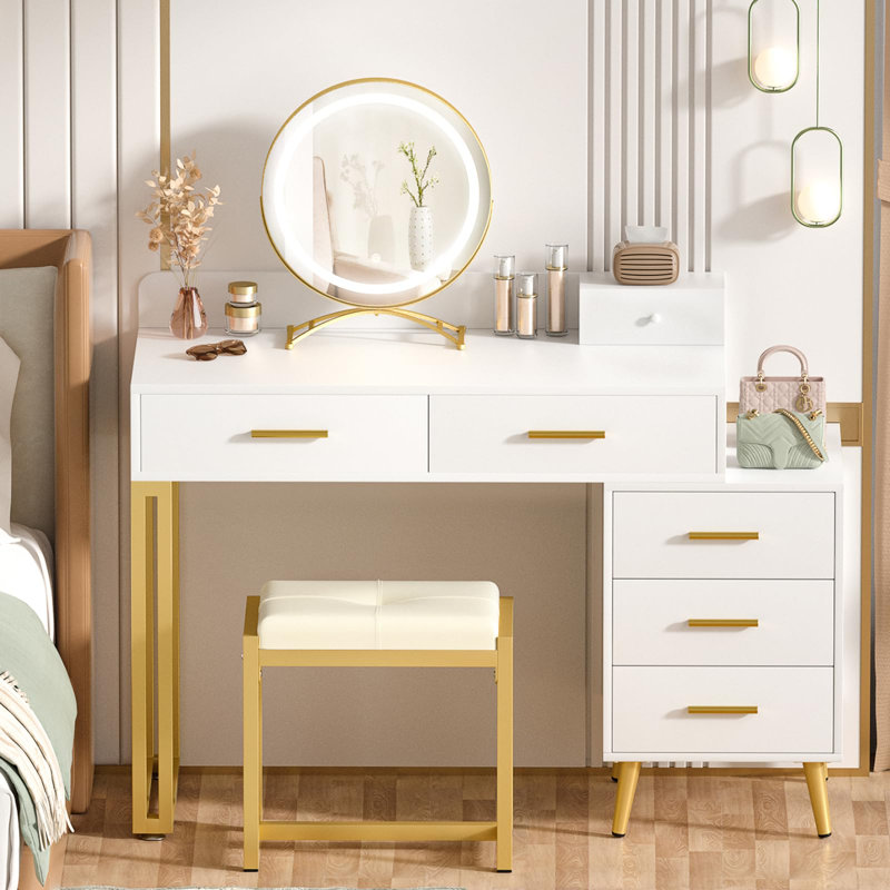 Grosmark Makeup Vanity Desk with Stool and LED Mirror, White/Gold