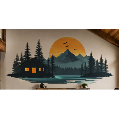 Autocollant mural chalet de montagne, décoration murale forêt lacustre, coucher de soleil sur pin, art mural rustique, décoration chalet nature 692MV