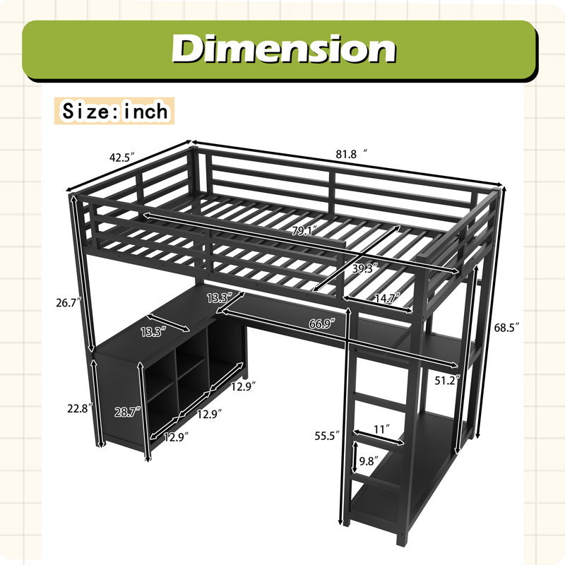 Twin XL Size Loft Bed With Storage Cubes And Shelves, Loft Bed For Kids Teens Adults, Extra-Long Twin