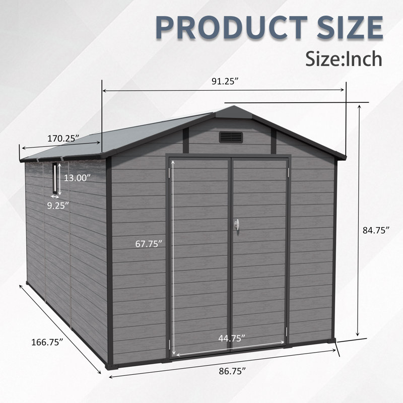 8x14 Ft Plastic Outdoor Storage Shed - Lockable Resin Tool Shed With 2 Window & 3 Air Vents, Dark Grey