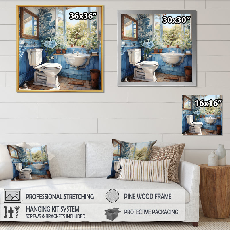 Toilet Serenade In Blue I - Bath & Laundry Canvas Prints, Cadre naturel flottant, H 36 po x l 36 po