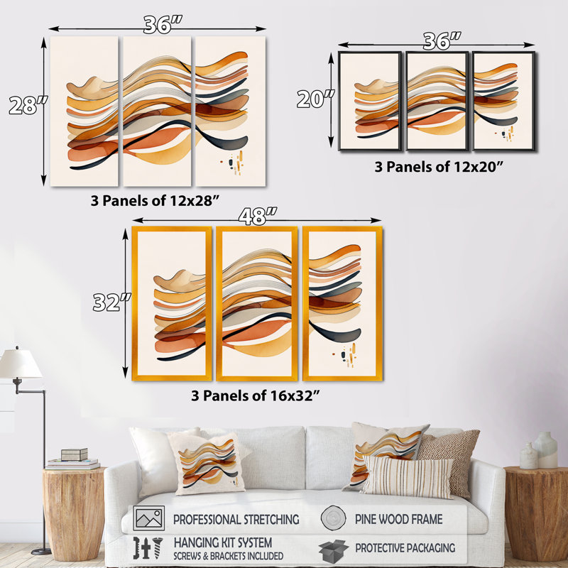 «Burnt Orange Waves Abstract VI», ensemble d'art mural moderne sur toile, Cadre noir, H 28 po x l 36 po x P 1 po