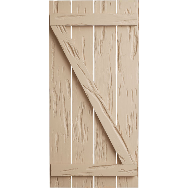 Volets rustiques à quatre planches espacées avec planche en Z (par paire), Texture cyprès Pecky / brun clair apprêté, 23"