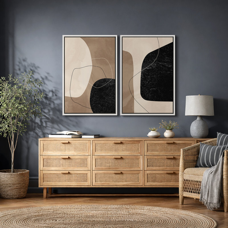 Forme Mid-Century «brun chaud et noir délavé, lignes abstraites, images murales modernes minimalistes neutres, impression sur toile encadrée 2 pièces, 16 x 24 x 2, 24 x 36 x 2
