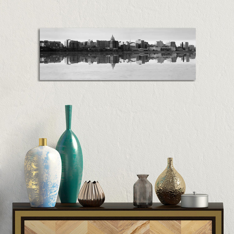 Madison Panoramic Skyline Cityscape (Black& White - Evening) by Unknown Artist - Wrapped Canvas Panoramic Print