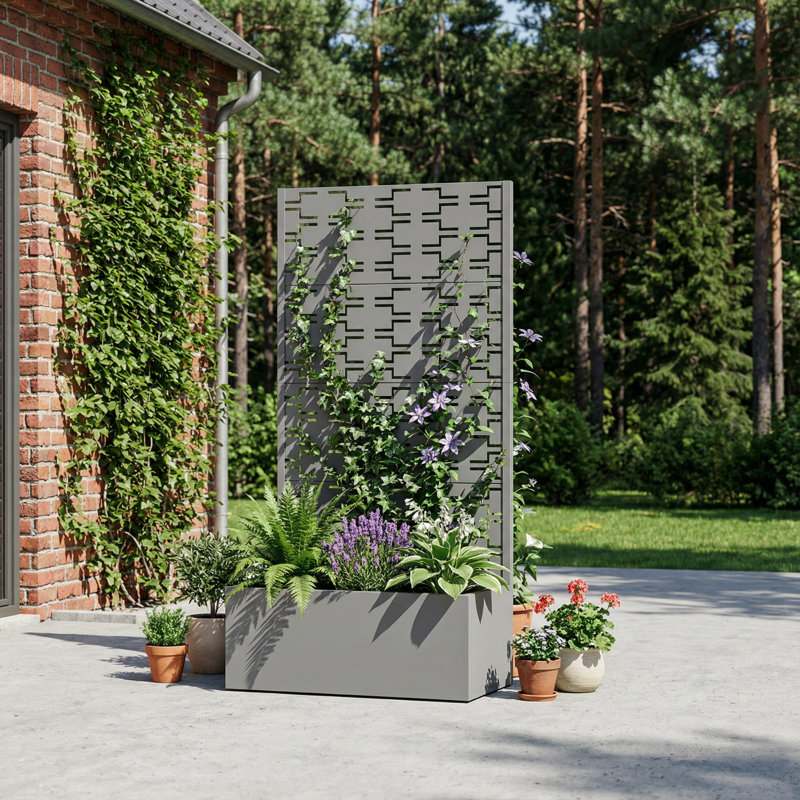 Metal Planter Box with Trellis with Wheels, Gray