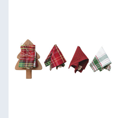 Mango Wood Christmas Tree Cheese Board with 4 Woven Cotton Dish Cloths
