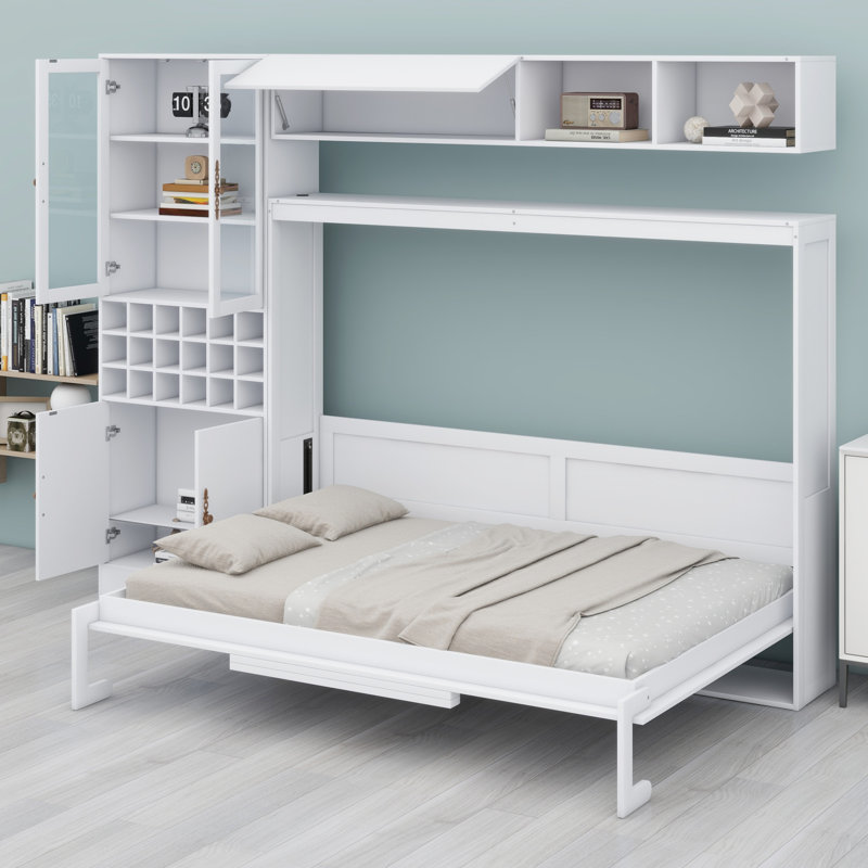 Lit escamotable mural avec canapé, tablettes USB et lumière Murphy, Double, Blanc
