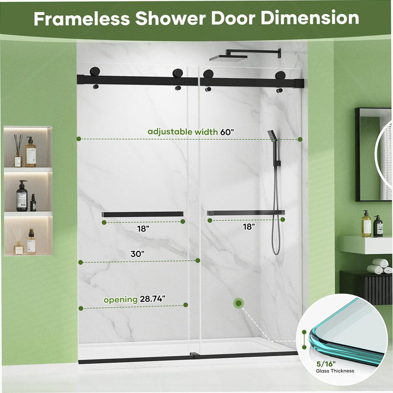 Double Sliding Frameless Shower Door, Tempered Glass Door For Home, Matt Black