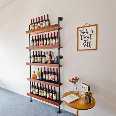 Industrial Wine Rack Wall Mounted, Industrial Pipe Bar Shelf For Wine Display, 5-Tier Rustic Hanging Organizer For Wine Bottle Storage In Kitchen, Bar