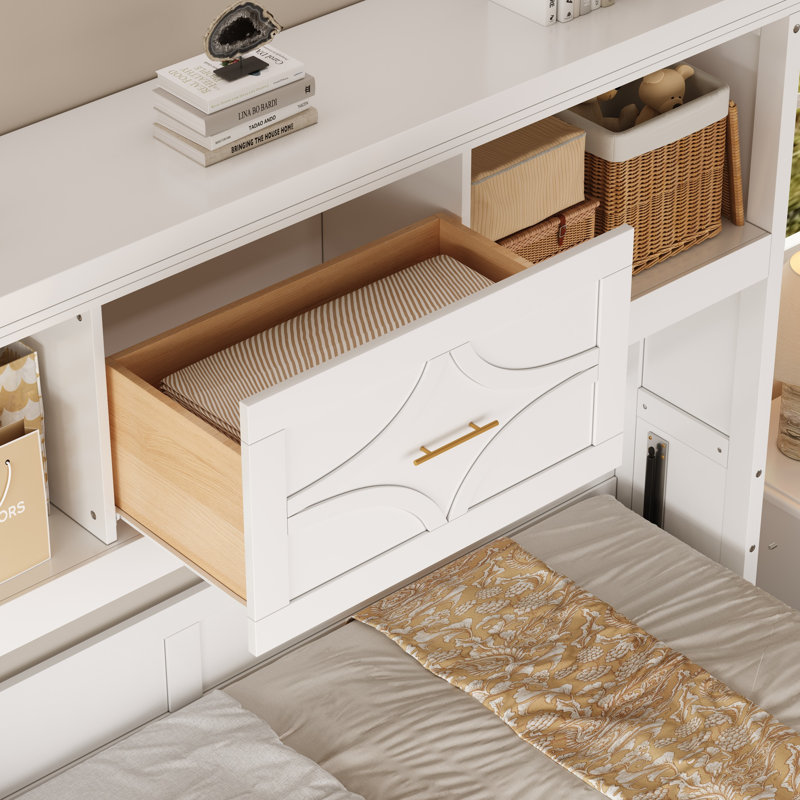Lit escamotable simple avec station de charge et tiroir, blanc