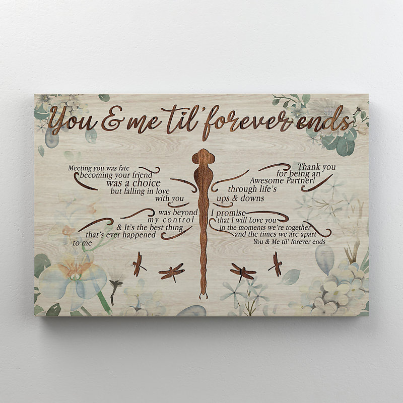 «Woonden Dragonflies Flower Context - You & Me Til 'Forever Ends», 1 reproduction d'art graphique sur toile tendue