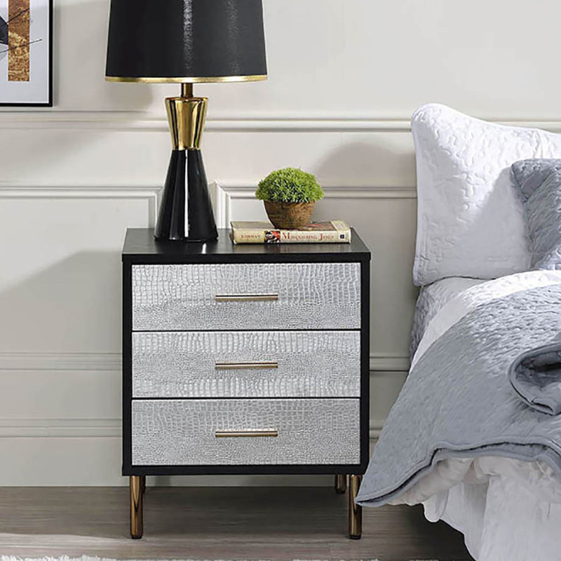 Table de chevet 3 avec tiroir en douceur - noir, argent et or pour une grande capacité de rangement dans la chambre à coucher