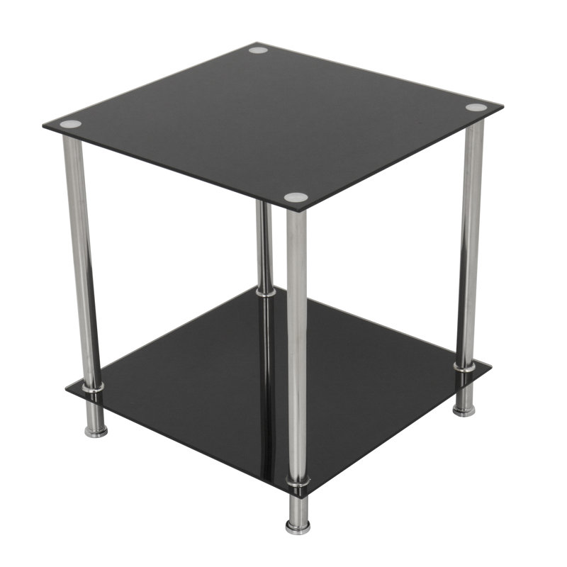 Sleek Black Glass and Chrome Square Side Table with Shelf