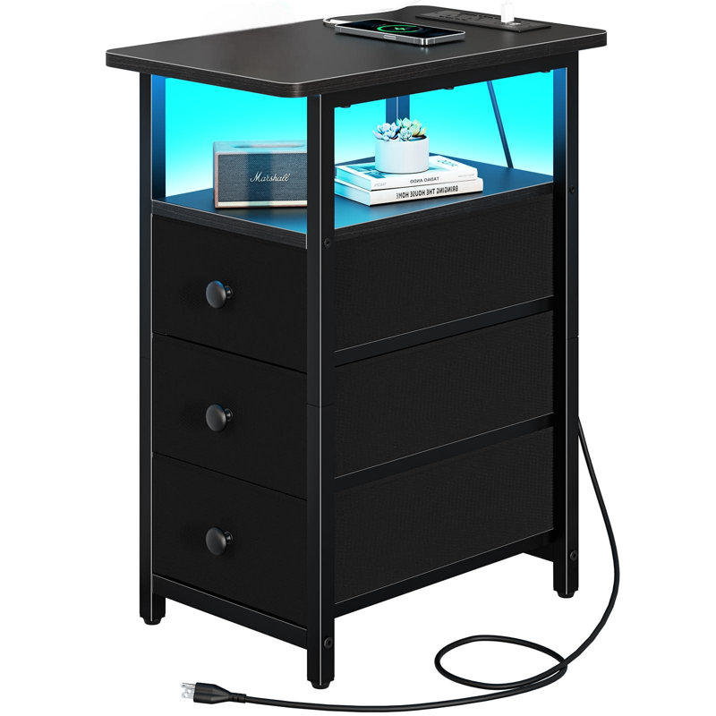 Black Metal and Fabric 3-Drawer Nightstand with LED Lighting