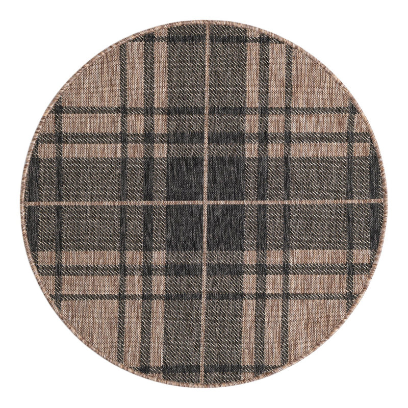Tatasha Plaid Power Loom Polypropylene Plastic Indoor/Outdoor Area Rug in Black/Brown, Round 3'3"