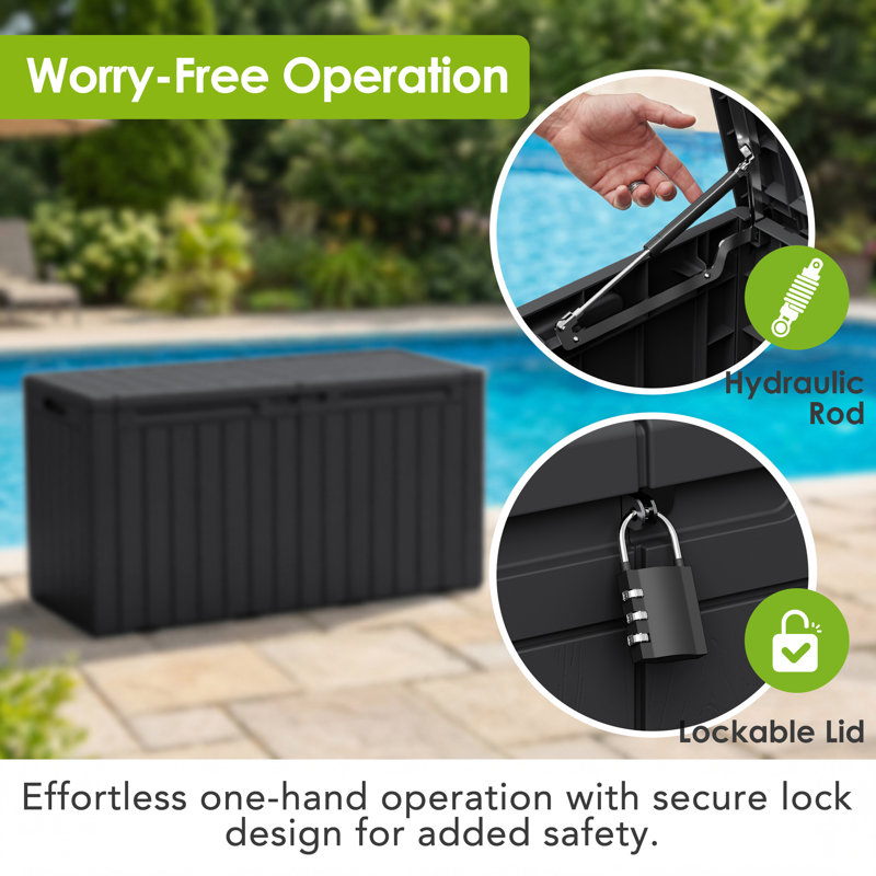 100 Gallon Indoor Outdoor Lockable Storage Box, Large Water Resistant Resin Deck Box, Black