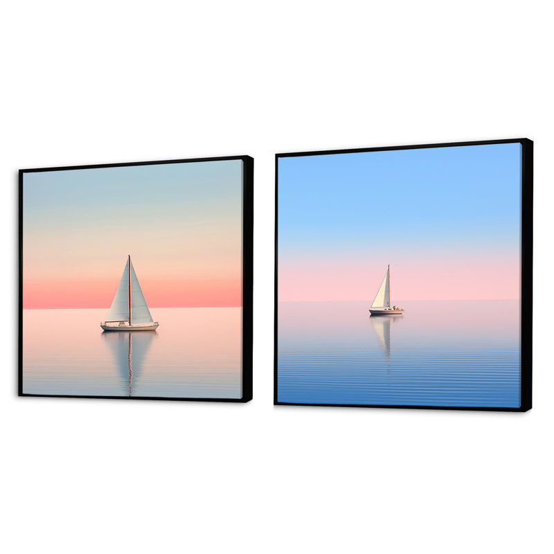 «Blue and Pink Sailling Boat Calm Horizon», ensemble de 2 collages carrés, Cadre flottant noir, H 30 po x l 61 po