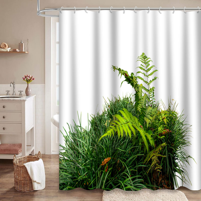 Fern Grass White Jungle Forest Border Shower Curtain with 12 Hooks, L 72 po x l 84 po