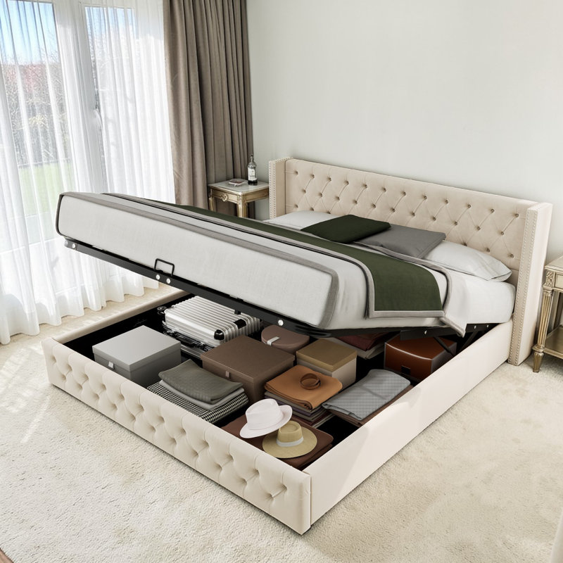 Parral Upholstered Storage Bed, Beige, Kingsize (5')