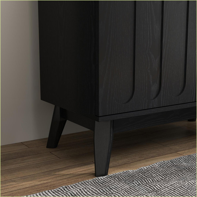 Cabinets, Mid Century Modern Fluted Sideboard with Adjustable Shelves &amp; Outlet Hole, Walnut Brown | Solid Wood+MDF | Modern