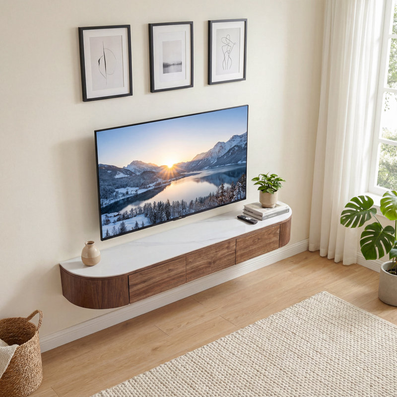 Meuble télé moderne avec plateau flottant de 63 po avec plateau en faux marbre