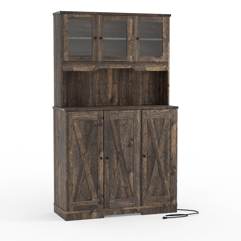 71 in Tall Pantry Cabinet with Charging Station, Farmhouse Kitchen Hutch Storage Cabinet with Microwave Stand, Cupboard Coffee Bar Food Pantry with Open Countertop for Living Room, Dining Room, Brown