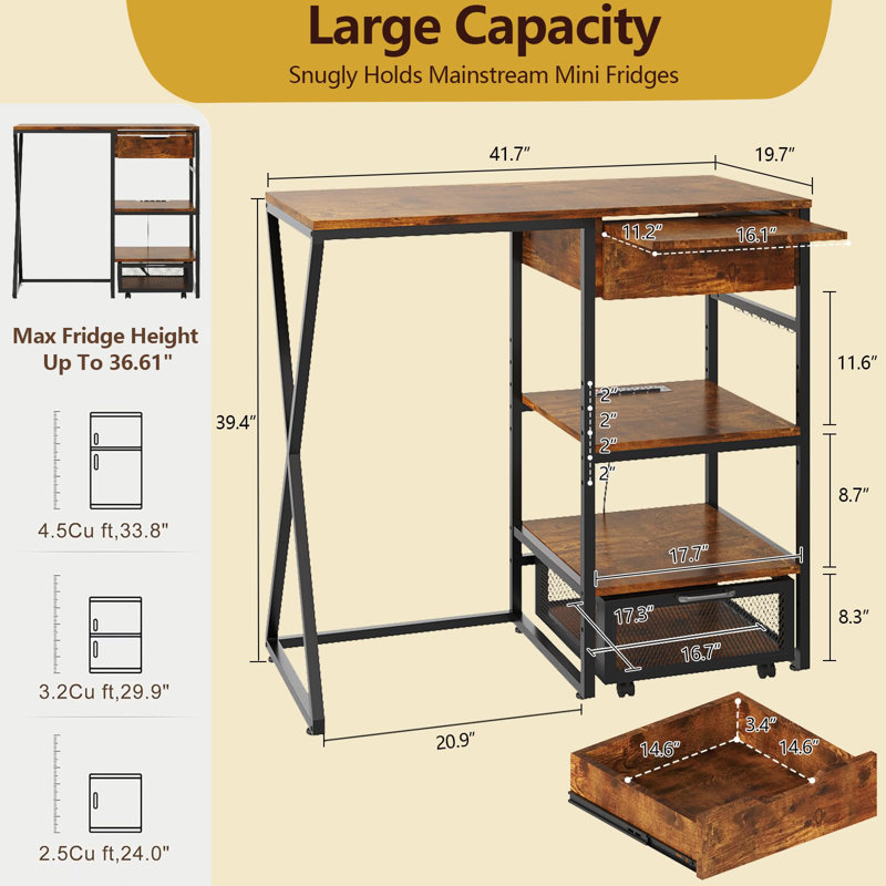 Mini support de réfrigérateur 41,7 pouces, support à micro-ondes à 3 niveaux avec prise de courant, tablettes de rangement, panier et plateau coulissant, organisateur de bar à café robuste pour petits espaces 160 lb