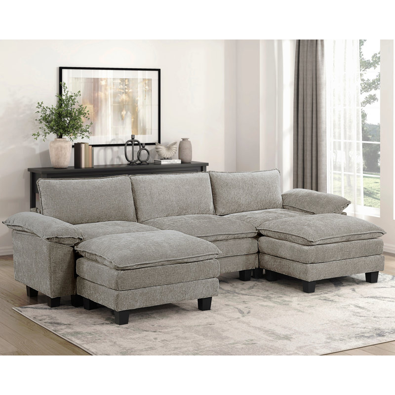 Moderne contemporain modulaire 5 pièces avec repose-pieds moelleux et moelleux Chenille, Chenille brun / gris