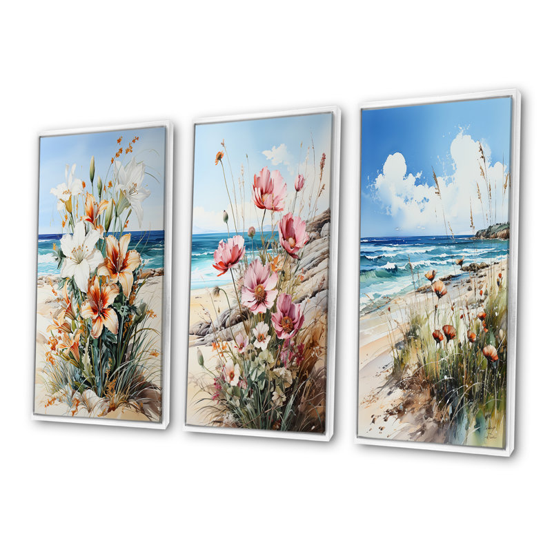 Fleurs saisonnières sur la plage - Ensemble de 3 impressions sur toile, H 28 po x l 36 po, Cadre flottant blanc