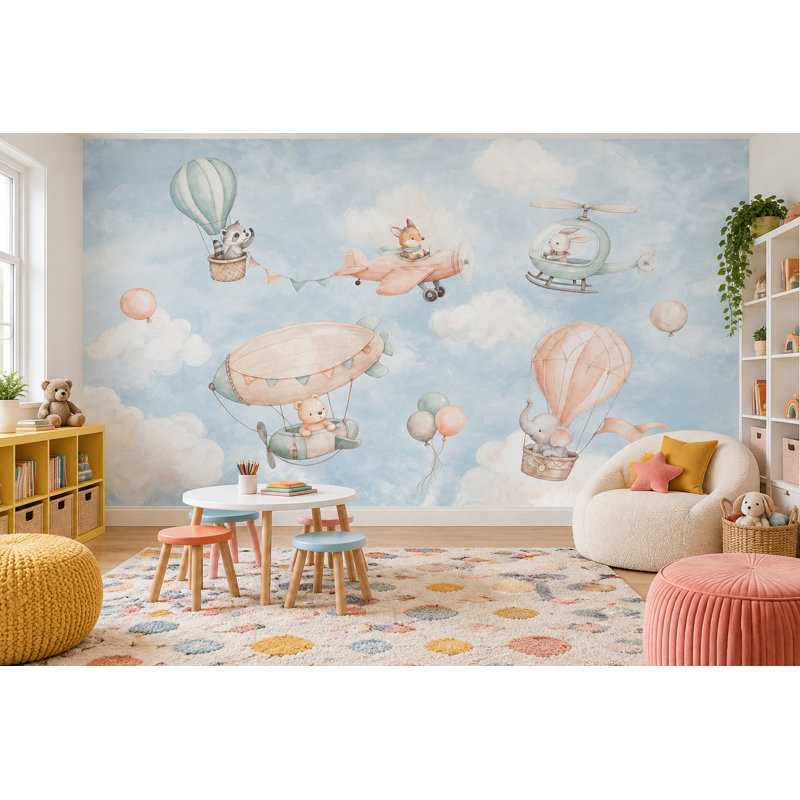 Hot Air Balloon Sky Wallpaper Watercolor Nursery Wall Mural, 160"x108", Textured Non-Pasted