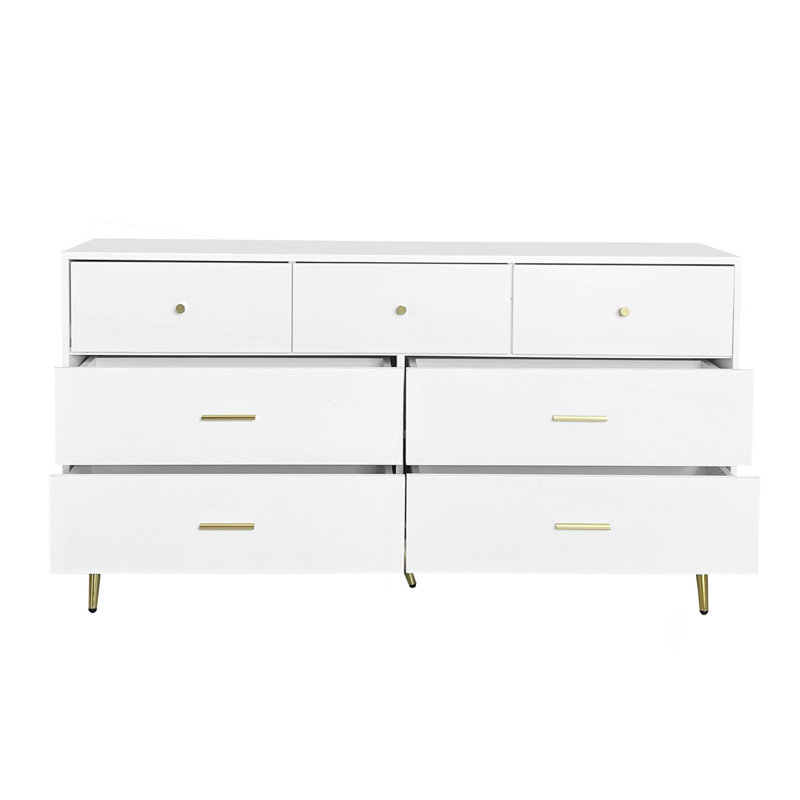 Seven Drawers Large Chest Of Drawer Cabinet With Golden Handle And Golden Legs White Color