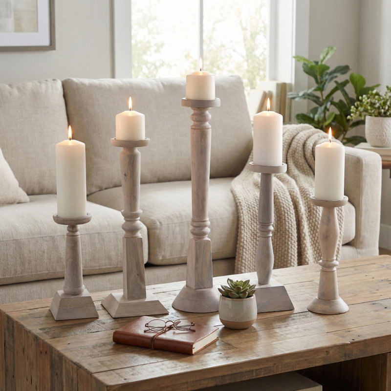 Decorative Mango Wood Candle Sticks Holders - Modern Tabletop and Floor Candle Holder for Home Accents - Set of 5, 22", 18", 16", 12", 10"