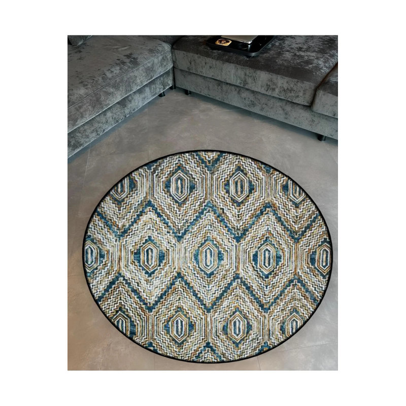 Blue Beige Knitted Look Woven Base Modern Decorative Carpet, Round 2'8"