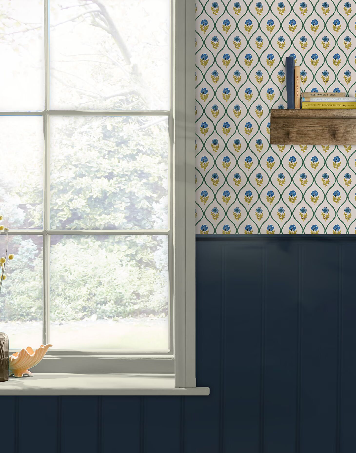 Graham & Brown Joules Trellis Floral Cream, Gold and Blue Wallpaper