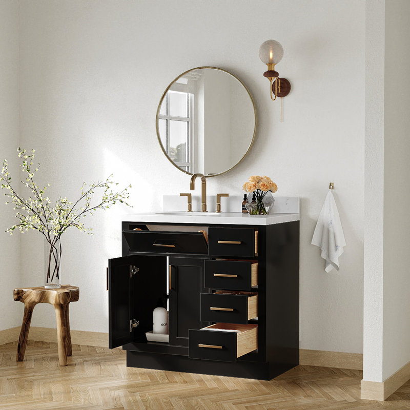 Meuble-lavabo simple en bois massif 36 po Tidworth avec plateau en quartz Carrara de 1,5 po, Gauche, Ovale, Chêne noir