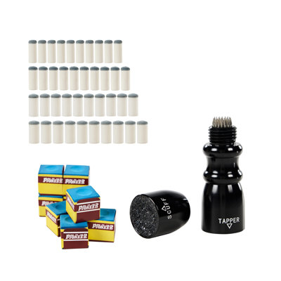 Barrington Billiards 49-Piece Pool Cue Tip Kit with 40 Slip-On Replacement Tips 9 mm 10 mm 12 mm 13 mm, 8 Blue Chalk Cubes, and 3-In-1 Cue Tip Shaper Tool for Scuffing, Aerating, and Shaping Tips