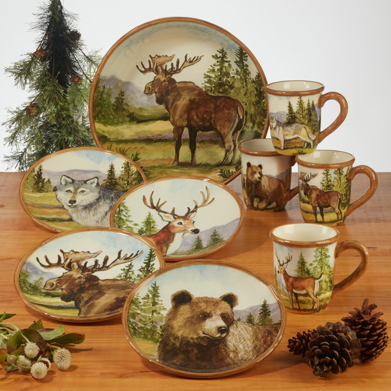 Rustic Wildlife Ceramic Mugs Set with Hand Painted Woodgrain Rims