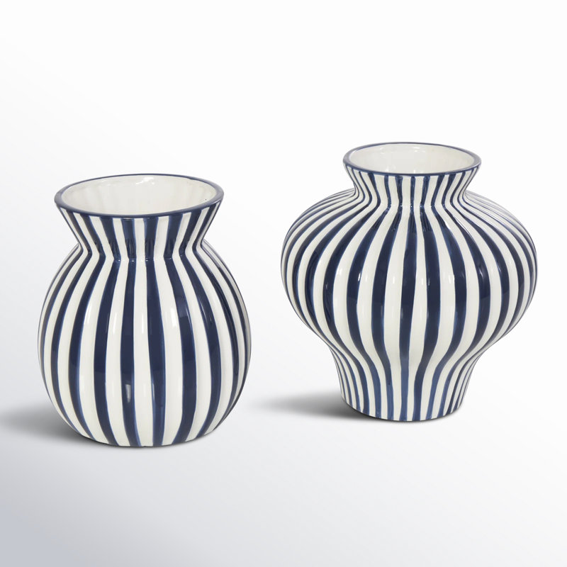 Blue and White Striped Ceramic Table Vase Set