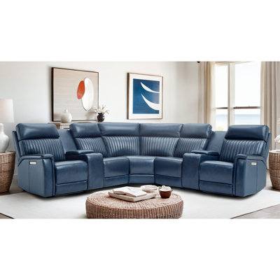 117" Leather Reclining Sectional, 3 Power Recliners, Adjustable Lumbar Support, Console & Headrest