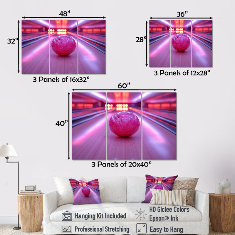 «Pink and Purple Bowling Strike Celebration» - ensemble de reproductions d'art mural, Toile tendue