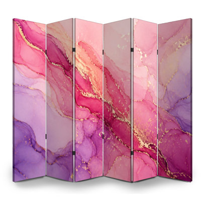 Cloison pliante 6 panneaux à paravents fluides rose et mauve avec accents dorés Séparateur de cloison autoportant