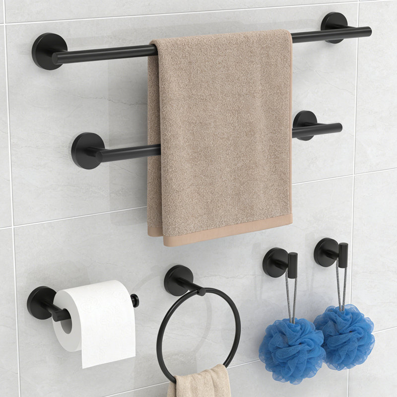 6-piece Bathroom Hardware Set, Black Stainless Steel Towel Bar Set, Matte Black