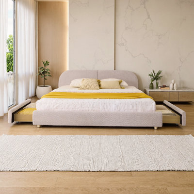 Très grande base de lit tapissier avec tête de lit courbée et 4 tiroirs sur roulettes - Lit plateforme minimaliste moderne avec revêtement en tissu