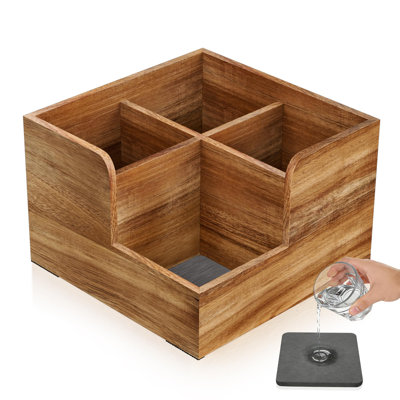 Utensil Holder With Stone Drying Mat, 4 Compartments Corner Countertop Organizer, (Wood)