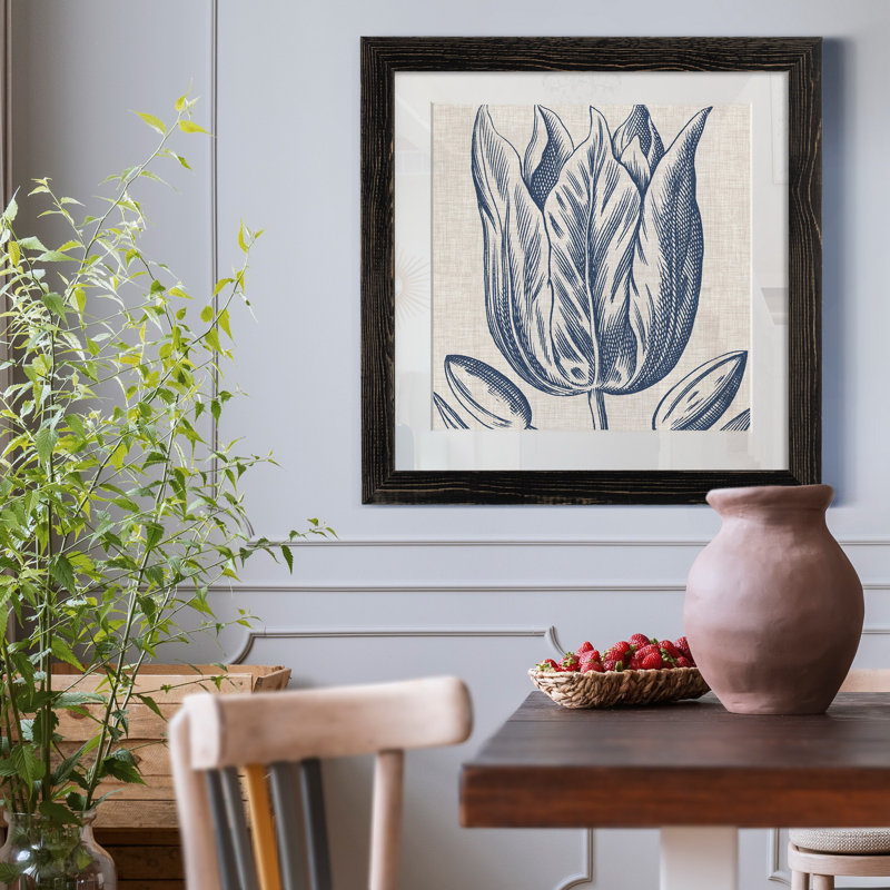 Indigo floral sur lin VI - reproduction encadrée de qualité supérieure - prêt à être accroché - impression encadrée sur papier