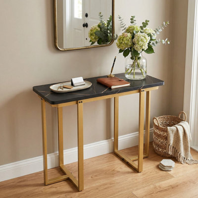 42 Inch Modern Entryway Console Table With Faux Marble Top And Geometric Metal Frame For Hallway Living Room Foyer