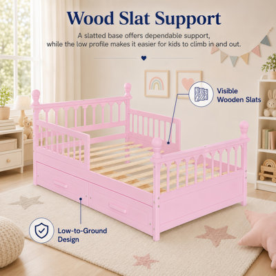 Structure de lit pour enfant pleine grandeur avec 2 tiroirs de rangement sous le lit, lit plateforme en bois avec garde-corps de sécurité, conception à profil bas, système de support à lattes robuste, aucun sommier nécessaire, rose